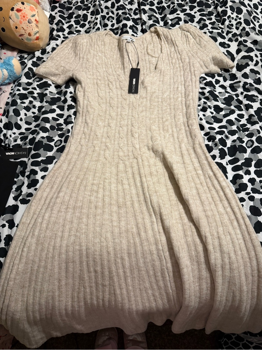 Fashion Nova Cream Cable Knit Short Sleeve Dress